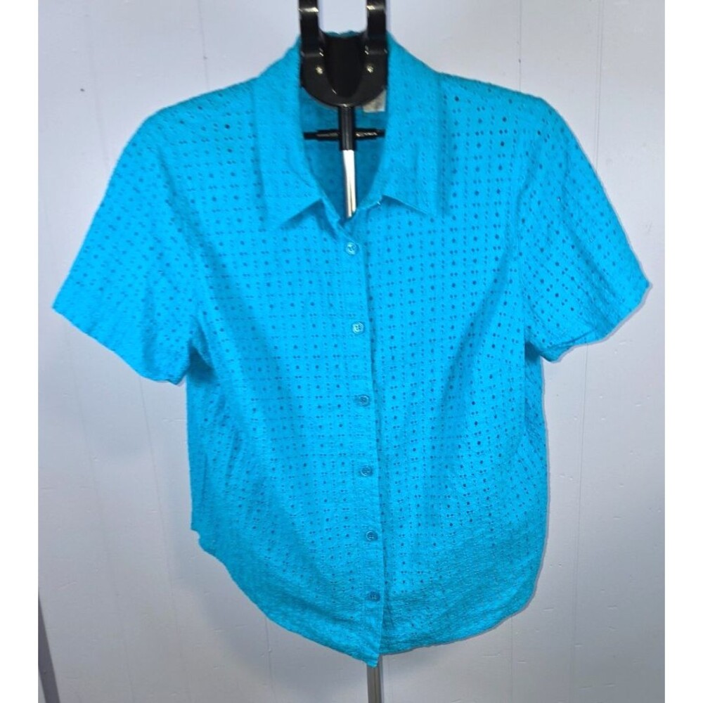 Alfred Dunner Woman Eyelet Button Front Blue Shirt Top Size 16W Cotton